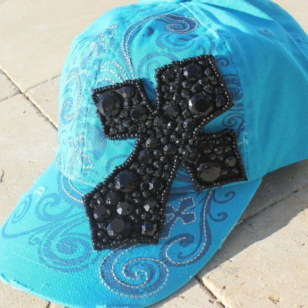 Women Blue Inspirational Cross Rhinestone Crystal Cap Hat Stud Decorative Cotton